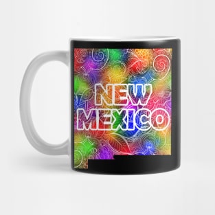 Colorful mandala art map of New Mexico with text in multicolor pattern Mug